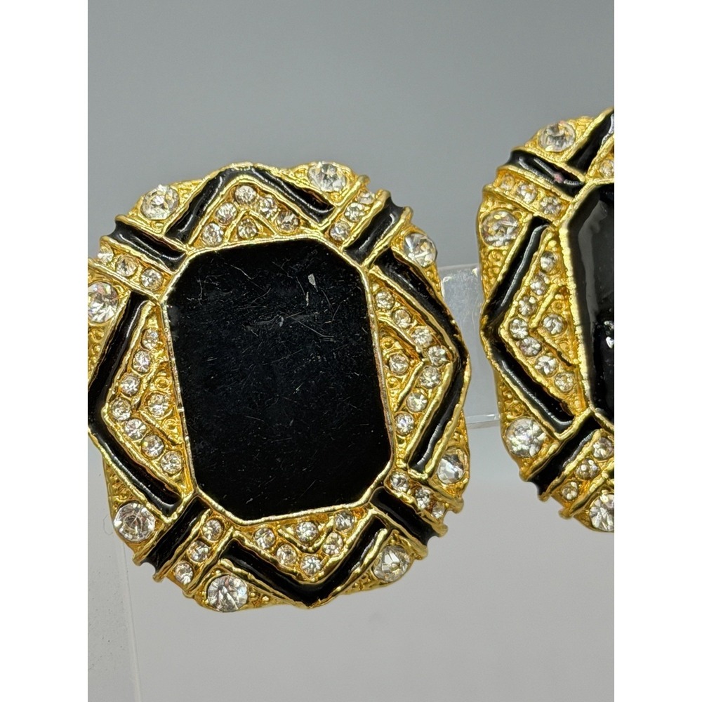 Vintage Gold‎ Tone Black Enamel Center Clear Rhinestone Panel Design Clip On - Picture 9 of 11